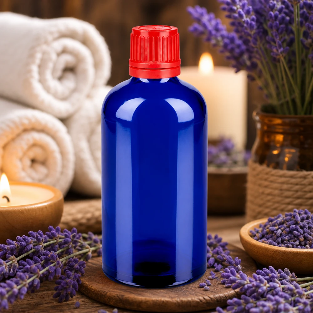 100 ml aromaterapiflaske koboltblå med rød hætte til æteriske olier og wellness