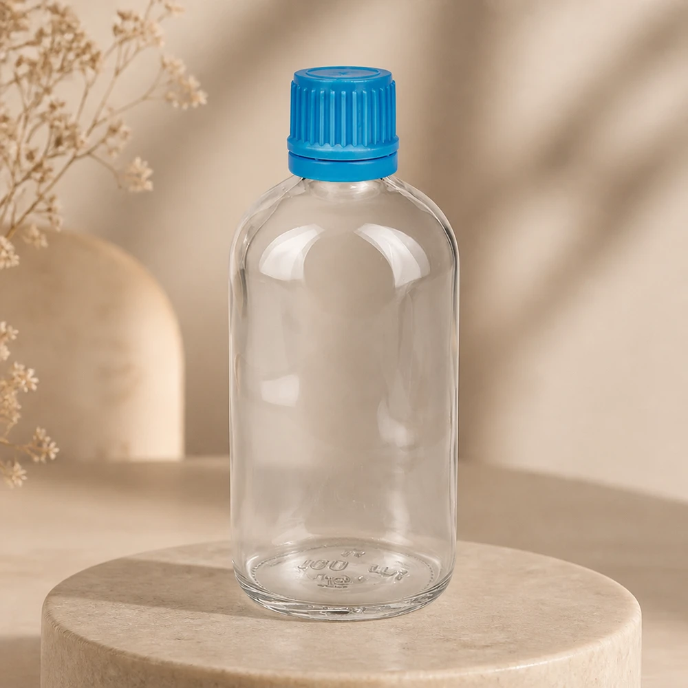 100 ml flaske 11 mm SV blå OV ClearLine UT18/100 Tom 100 ml apotekerflaske af klart glas med blå, riflet skruelåg på en stenfod
