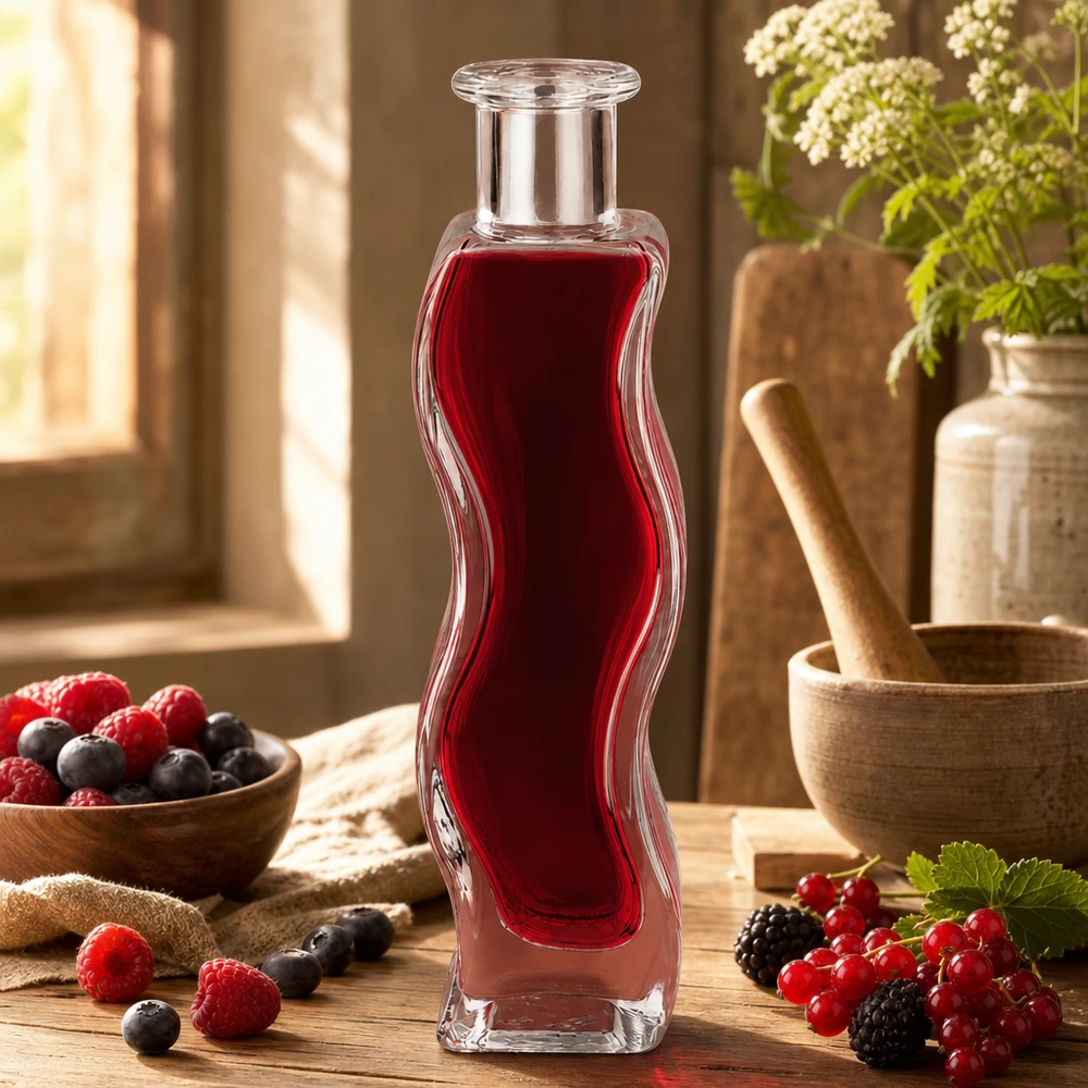 100 ml glasflaske »Melissa« uden lukning UNiTWIST® Glasflasche Melissa 100ml mit rotem Beerensaft in natürlicher Küche umgeben von frischen Beeren und Holzschalen