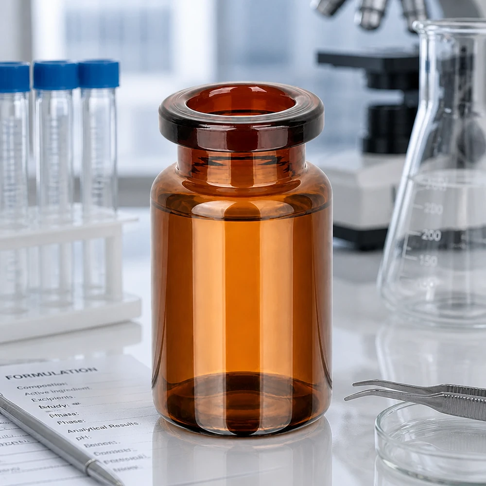 Injektionsflaske af ravfarvet glas 5 ml Leere Injektionsflasche Braunglas 5ml neben Erlenmeyerkolben und Formulation Sheet