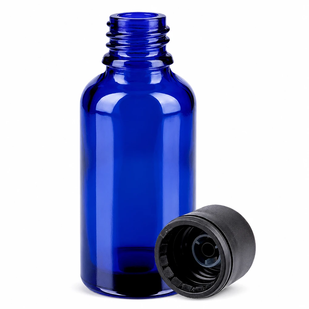 30 ml koboltfarvet glasflaske med skruelåg til aromaterapi og naturkosmetik BlueLine-serien