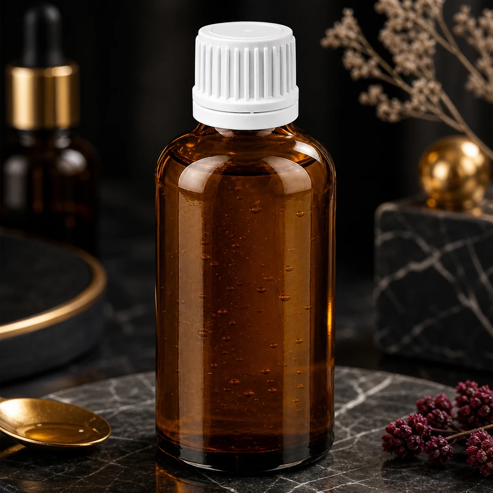 50 ml flaske 11 mm SV hvid OV BrownLine UT18/50 50 ml medicinflaske lavet af UV-beskyttende ravfarvet glas med sikker hvid hætte til apoteksprodukter