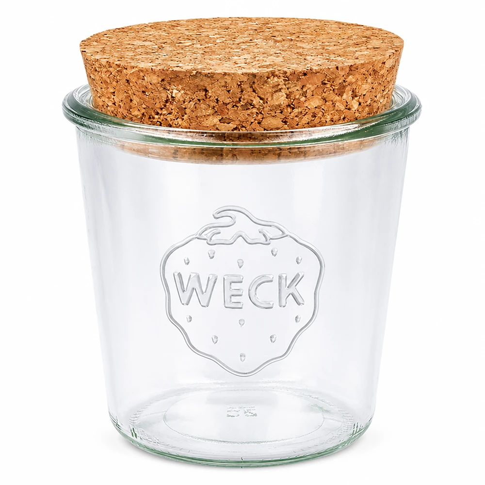 580 ml Briller WECK RR100 med kork natur WECK tumblekrukke 580 ml RR100 med naturkork-låg konserveringskrukke opbevaringskrukke gennemsigtig