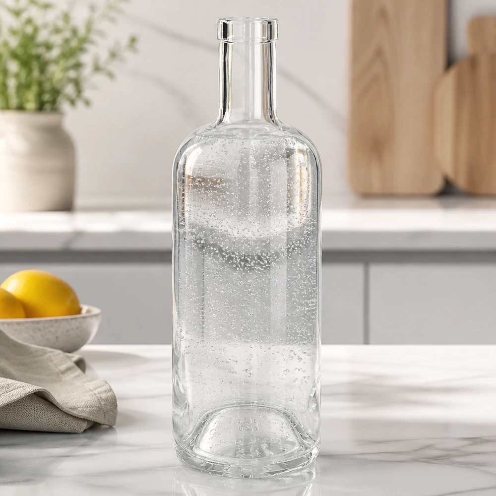 750 ml glasflaske »Emma« uden låg UNiTWIST® 750 ml glasflaske Emma tom i hvidt køkken på marmorplade med citron og viskestykke som dekoration