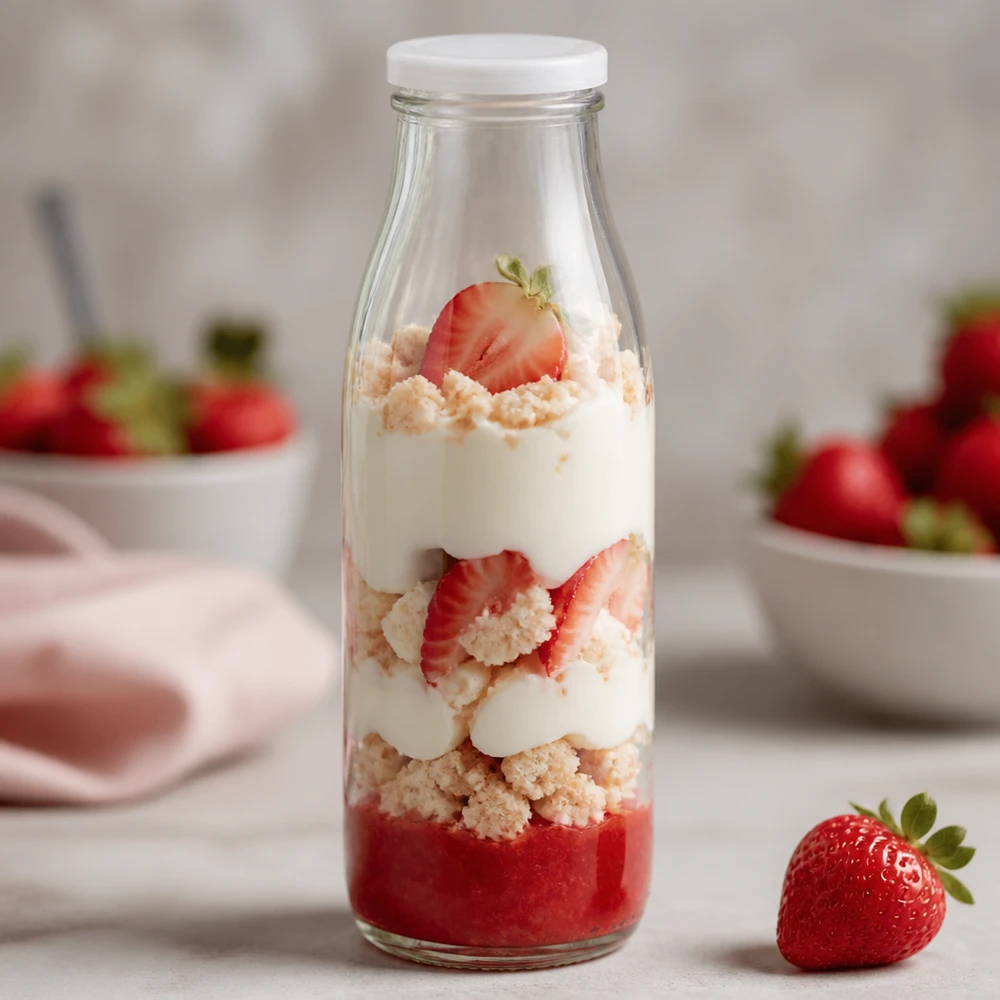 500 ml glasflaske + BasicSeal-låg hvid UNiTWIST. Absolut lækagesikker med stort TO48-låg. Til mælk, juice og limonade. 500 ml glasflaske med hvidt BasicSeal-låg som dessertglas fyldt med jordbær, fløde og krymmel