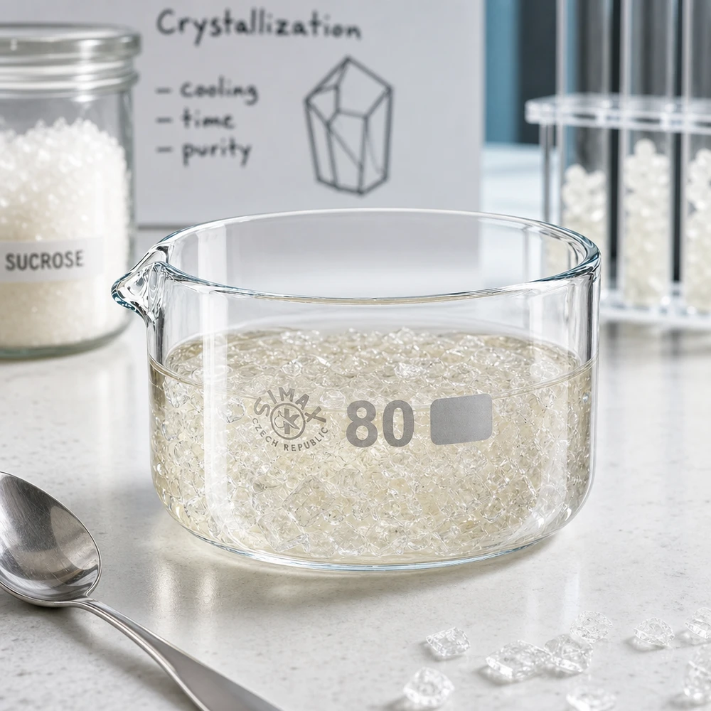 Krystalliseringsskål 150 ml med borosilikat-tud Krystalliseringsskål på 150 ml til sukkerkrystalliseringsforsøg med hvide sukkerkrystaller, ø 80 mm