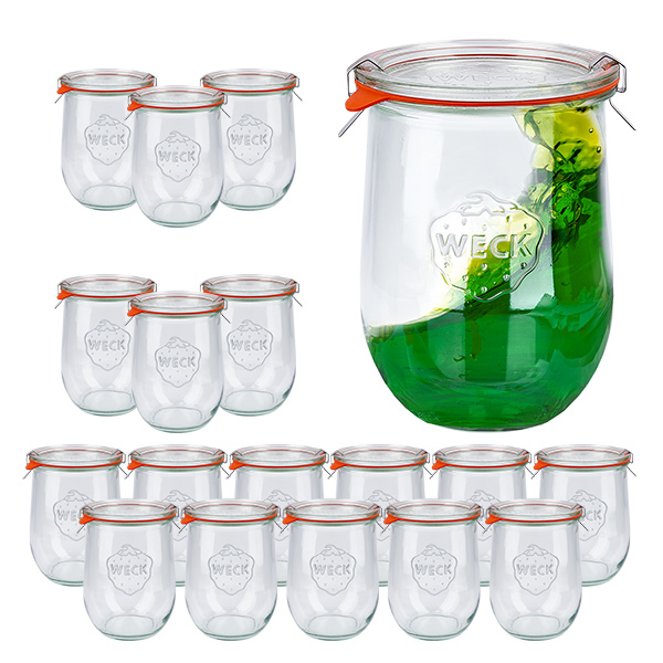 Sæt med 18 Weck-krukker 1062 ml tulipankrukker, 1 liter Briller Sæt med 18 Weck-krukker 1062 ml tulipankrukker, 1 liter Briller