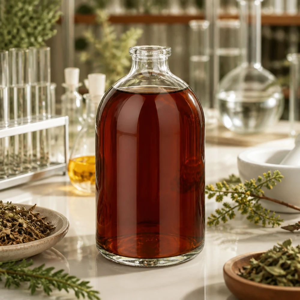 Injektionsflaske i klart glas 100 ml Kleine Klarglas Injektionsflasche 100ml mit dunklem Kräuterauszug zwischen Reagenzgläsern und Schalen
