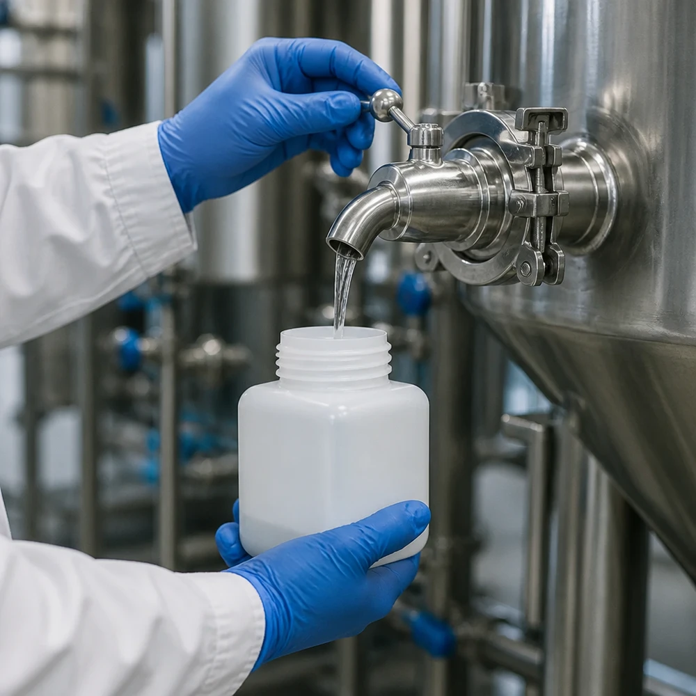 Kemikalieflaske 500 ml, bred hals fremstillet af PE-HD, naturfarve, GL 65 Laborant tapper væske fra en rustfri ståltank i en 500 ml PE-HD-flaske med bred hals i naturfarve, iført beskyttelseshandsker