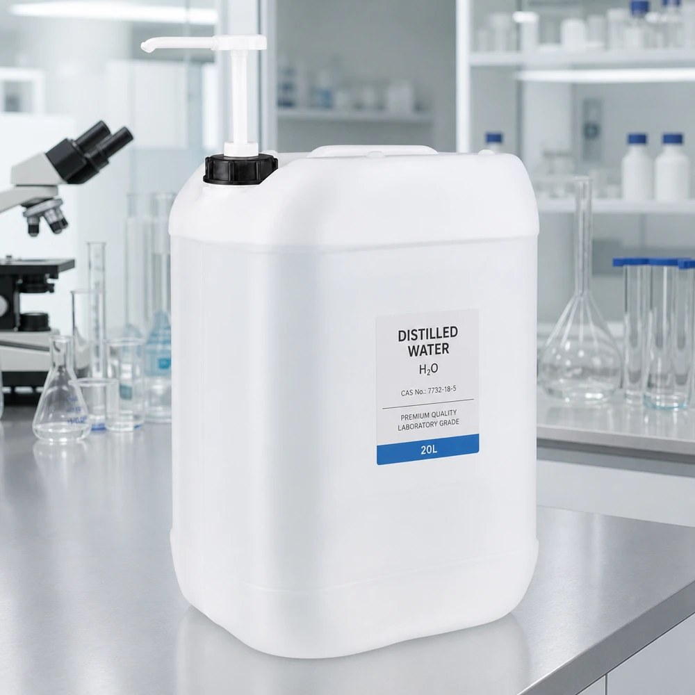 25-liters laboratoriekanister med doseringspumpe, fyldt med destilleret vand i laboratoriet