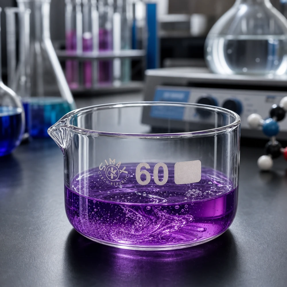 Krystalliseringsskål 60 ml med borosilikat-tud Krystalliseringsskål 60 ml, violet opløsning, kogende, laboratorieeksperiment, borosilikatglas, flad, cylindrisk