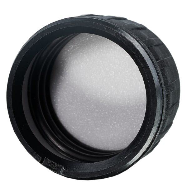 Skruelåg sort EPE-forsegling med manipulationssikker ring PP28 ApoGlas. Farmaceutisk kvalitet. 28 mm gevind. Til f.eks. ApoGlas® Euro-medicinflasker.