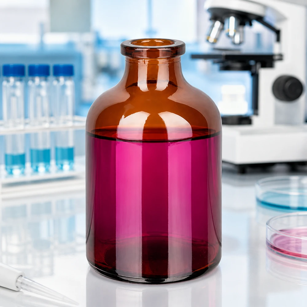 Injektionsflaske af ravfarvet glas 50 ml Braunglas Injektionsflasche 50ml mit breitem Zylinderkörper und eingezogenem Hals im Labor