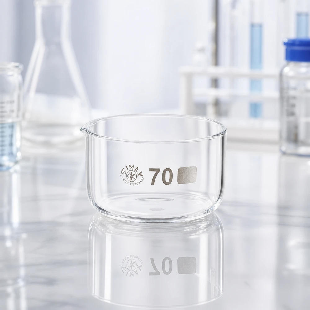 Gennemsigtig glasskål 100 ml Simax-krystalliseringsskål, flad udformning, bunddiameter 70 mm