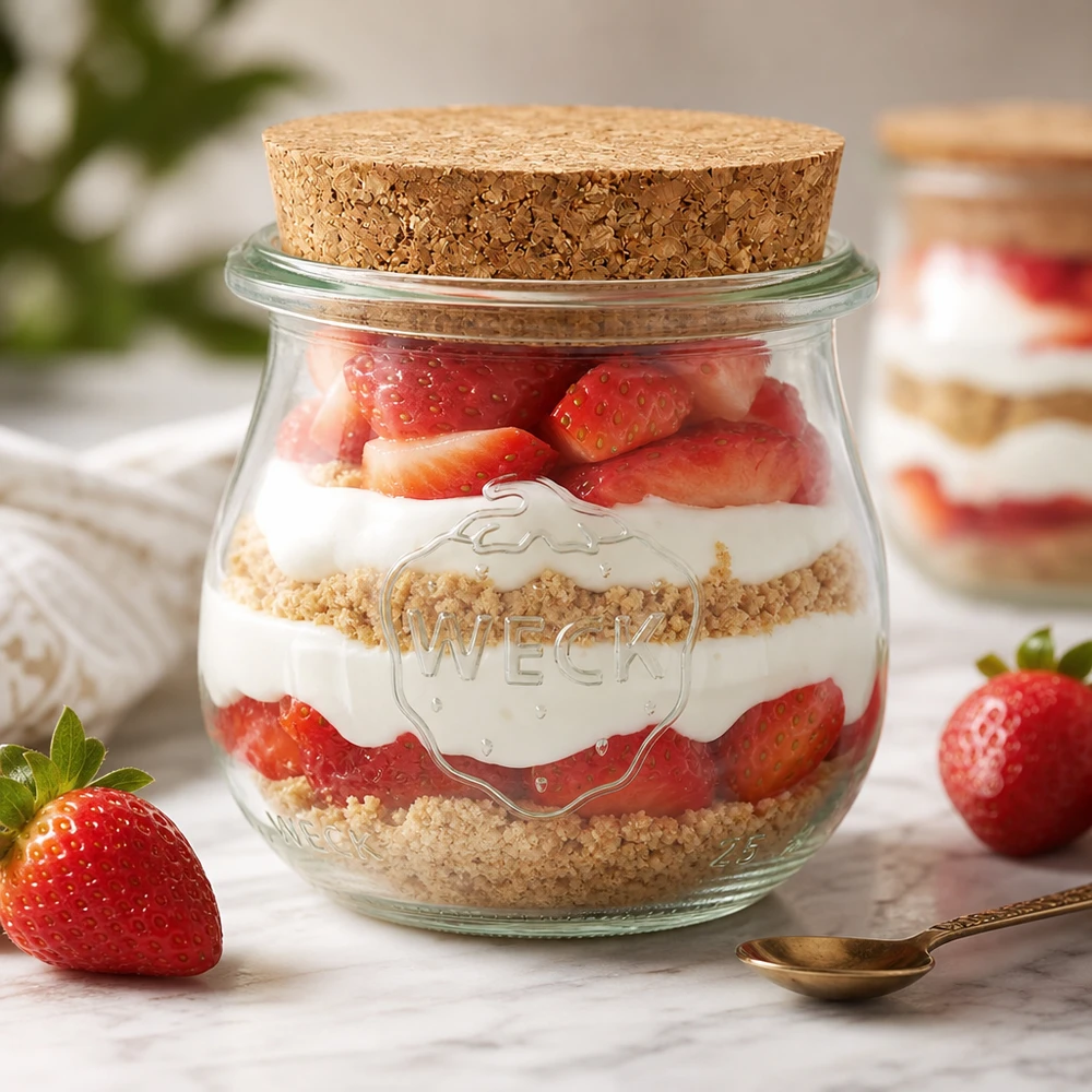 75 ml tulipankrukke WECK RR40 med kork natur WECK tulipankrukke 75ml RR40 som dessertkrukke med jordbær og fløde lagdelt korklåg dessert i en krukke