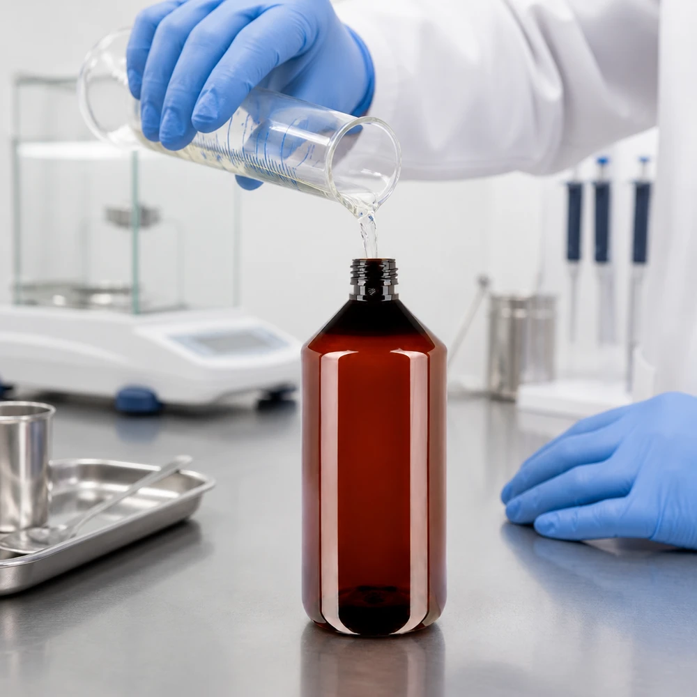 Laborant fylder en brun PET-flaske på 1000 ml (PP28) med væske fra et bægerglas i et hvidt laboratorium