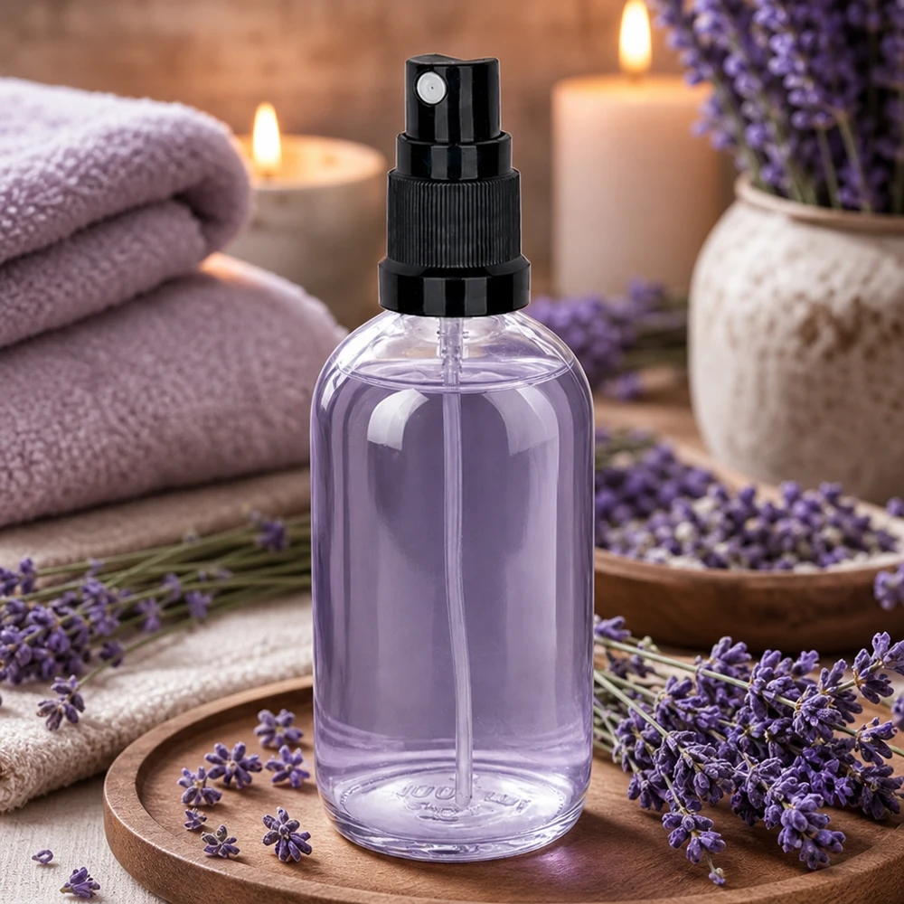 100 ml sprayflaske sort STD ClearLine UT18/100 Lavendel-aromaspray i en 100 ml ClearLine-glasflaske med sort forstøver på træunderlag