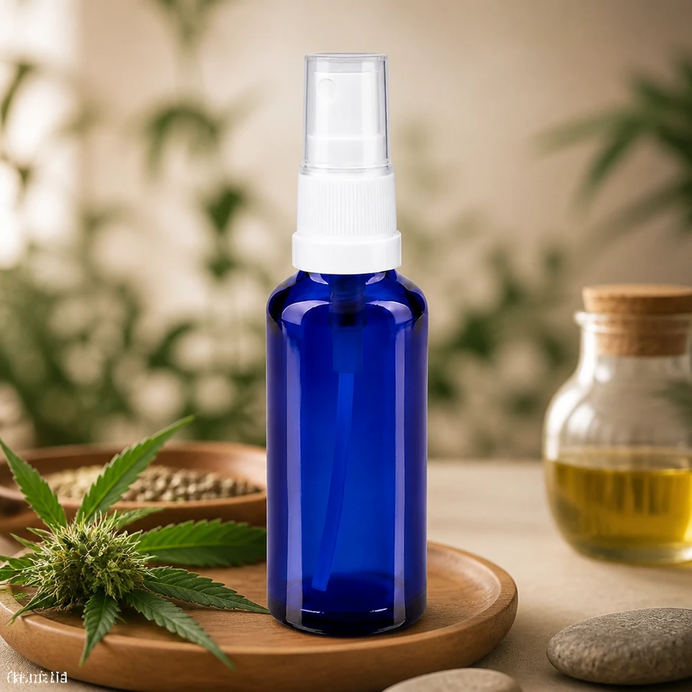 Blå 30 ml ApoGlas-sprayflaske med hvidt pumpehoved ved siden af en cannabisplante og hampfrø på et træfad
