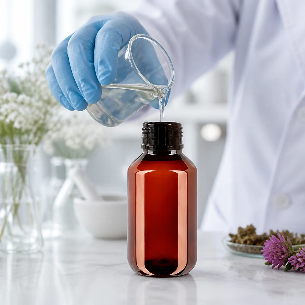 PET-flaske 100 ml med sort sprayhætte OV 100ml PET Flasche mit Spritzverschluss für Naturheilmittel und pflanzliche Extrakte