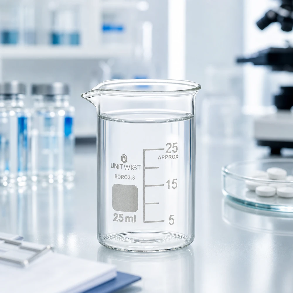 Bæger 25 ml borosilikat, lav skimmel UNiTWIST UNiTWIST-bægerglas på 25 ml i lav form af borosilikatglas 3.3 ved siden af et mikroskop og tabletter i laboratoriet