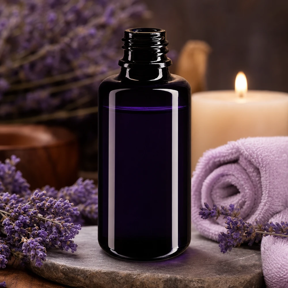 Violet glasflaske 30 ml DIN 18 (Mironglas) Elegant 30 ml Orion-dråbeflaske i mørk violet glas til aromaterapi og wellness