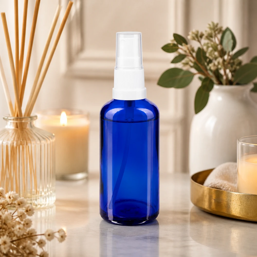 Apoteksflaske blå 50 ml spraytop hvid 50 ml blå apotekerglas-sprayflaske med gennemsigtigt pumpehoved i spa-stil