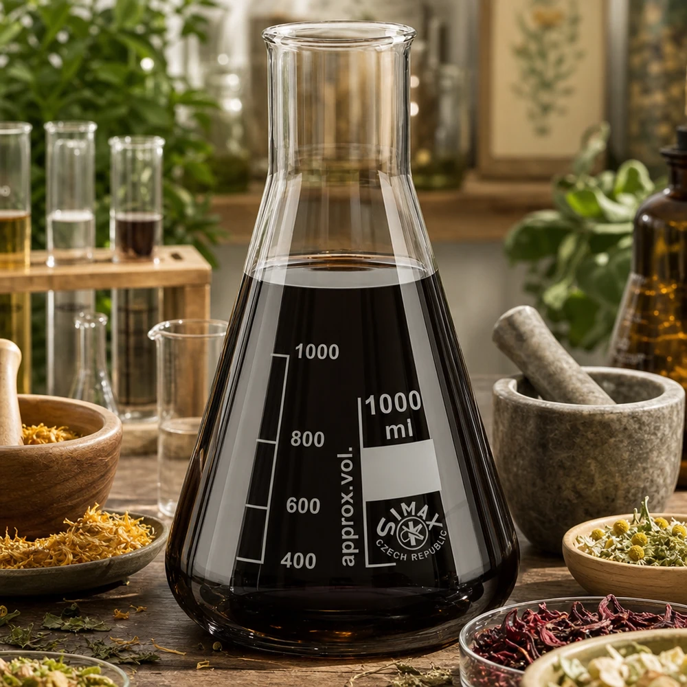 Erlenmeyer-kolbe 100 ml med bred hals Stor Erlenmeyer-kolbe 1000 ml med sort væske og graduering mellem naturlige urter