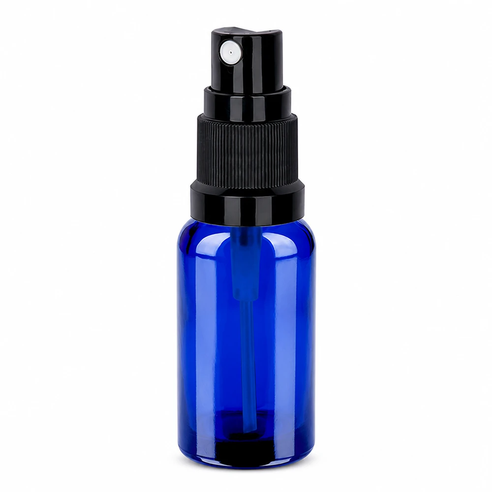 20 ml sprayflaske sort STD BlueLine UT18/20 Kompakt 20 ml glassprayflaske i elegant blå med sort pumpesprøjte til præcis dosering