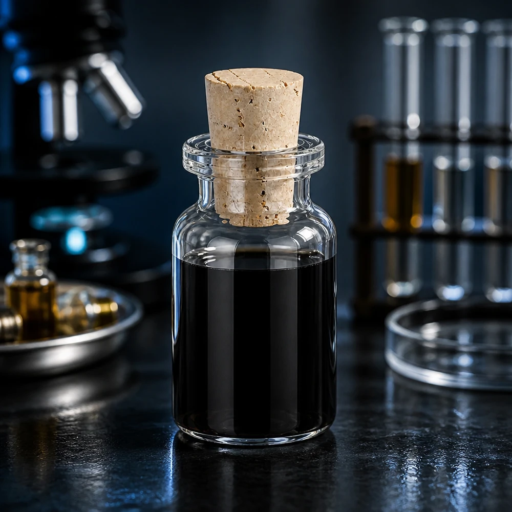Versiegelte Klarglas-Flasche 10ml mit Korkstopfen 11/14mm neben Petrischale und Reagenzgläsern