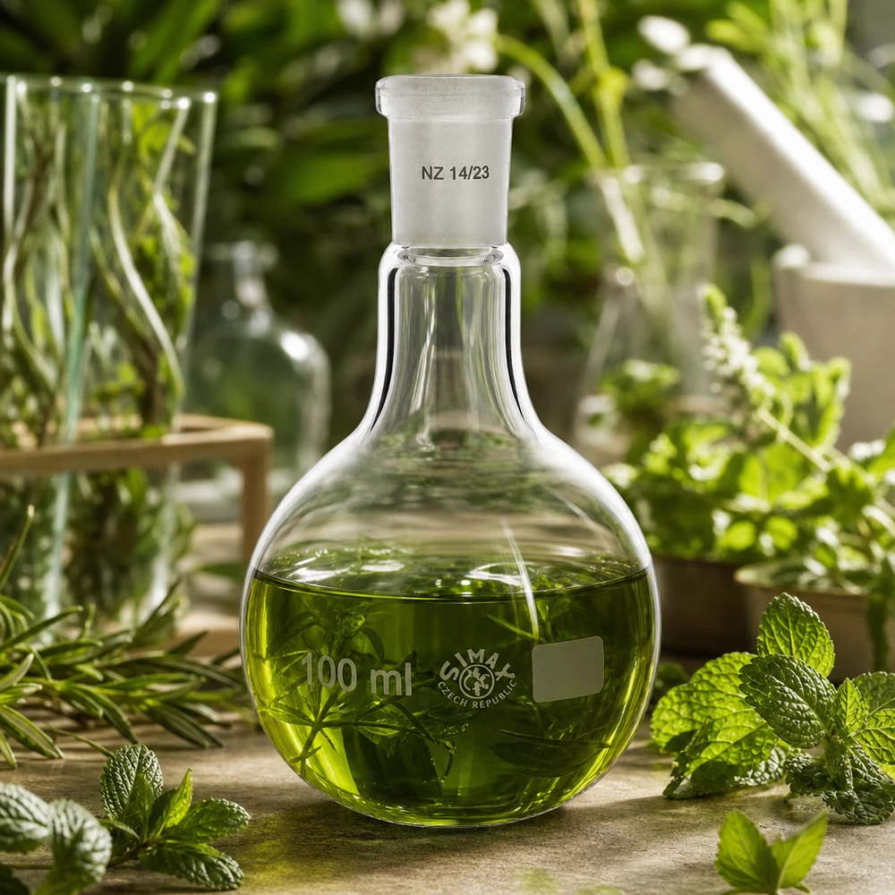 100 ml kolbe med standard slebet led (14/23) Stående kolbe 100 ml med grøn opløsning og myntedekoration til botaniske ekstraktionsprocedurer
