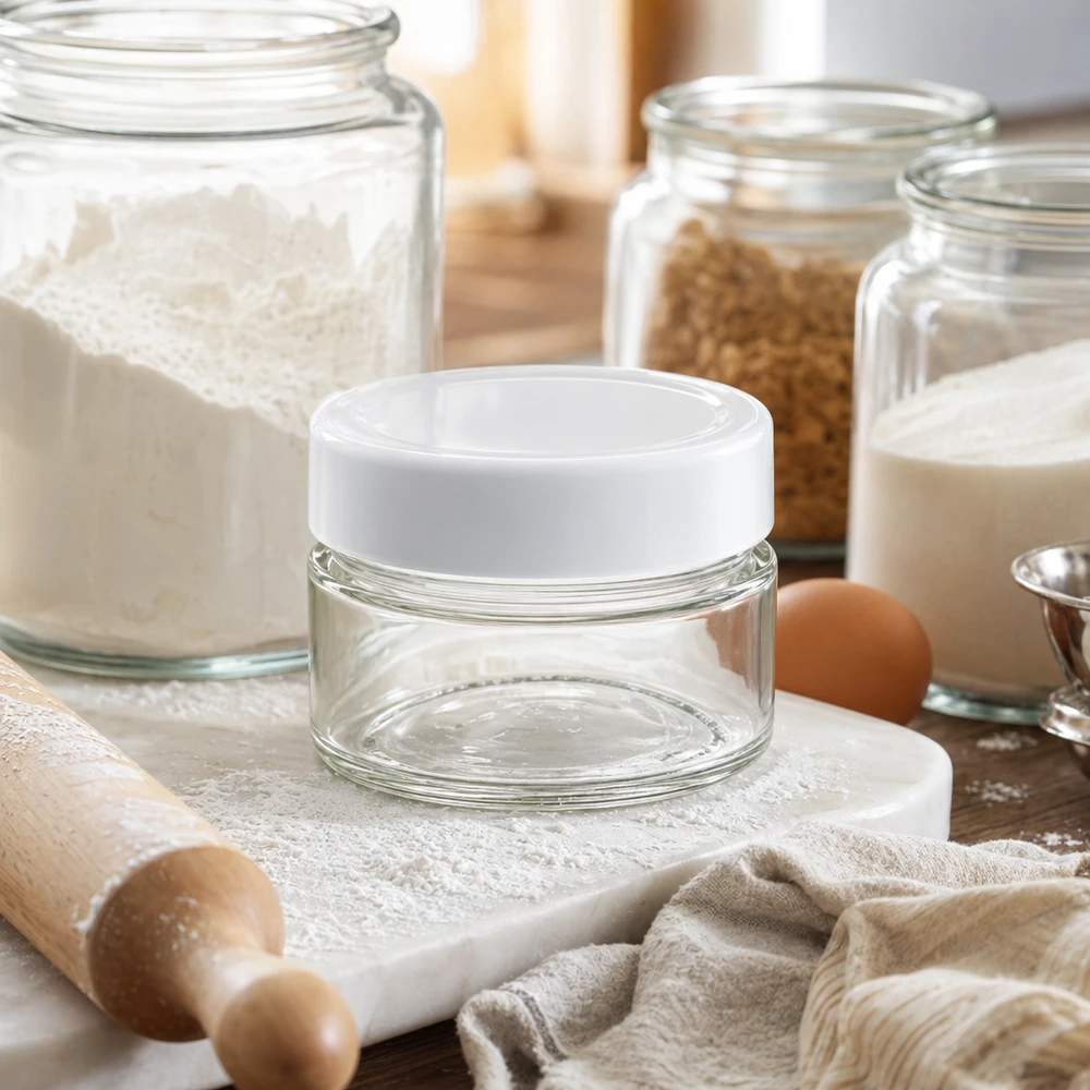 80 ml rund krukke med BasicSeal-låg hvid dyb UNiTWIST 80 ml rund krukke med BasicSeal-låg i køkkenet med bageingredienser - alsidig glasbeholder til fødevarer