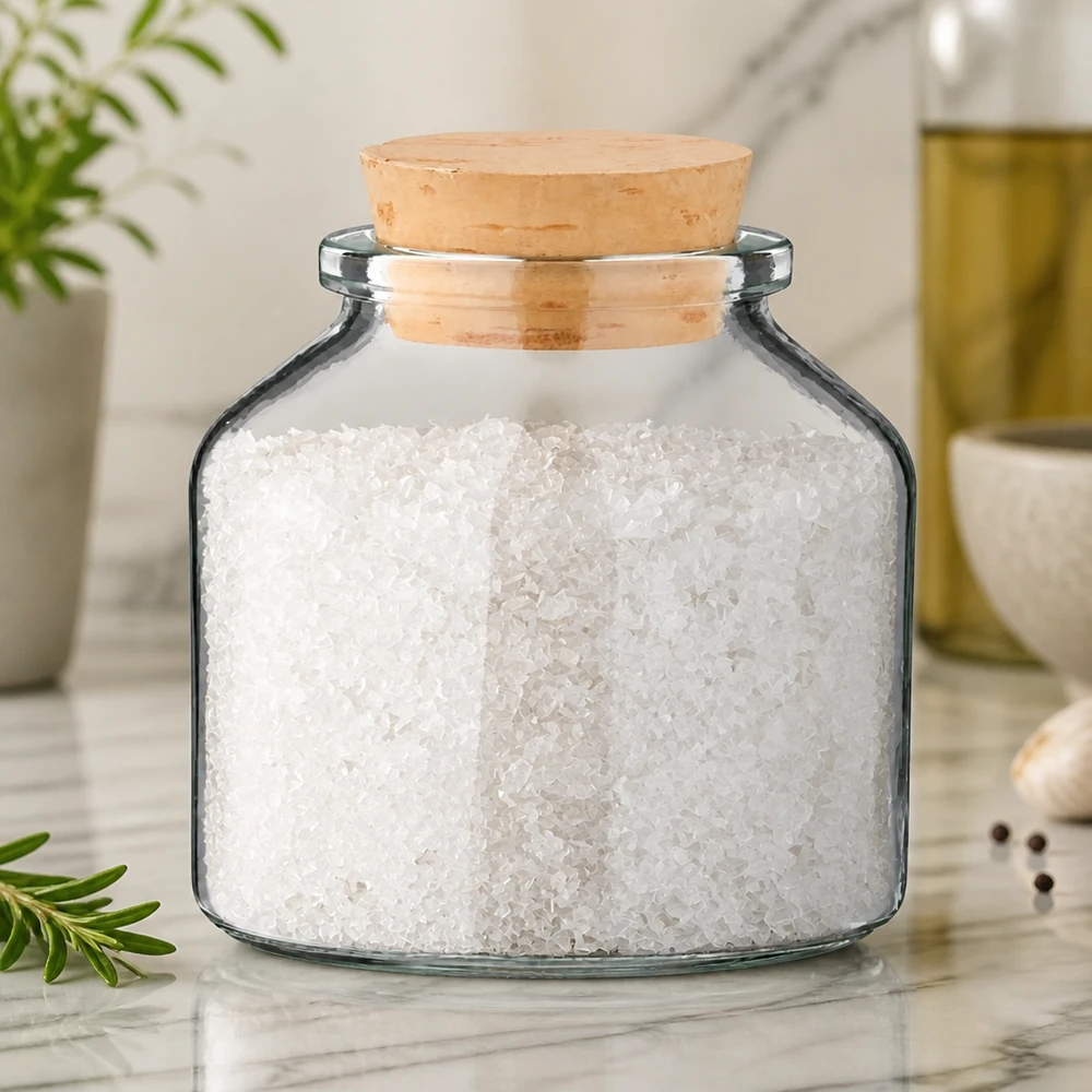 Idé til krydderikrukke: Rund 100 ml klar inkl. kork 22/26 Gennemsigtig glasbeholder på 100 ml med naturkork, fyldt med groft havsalt på en marmorbund