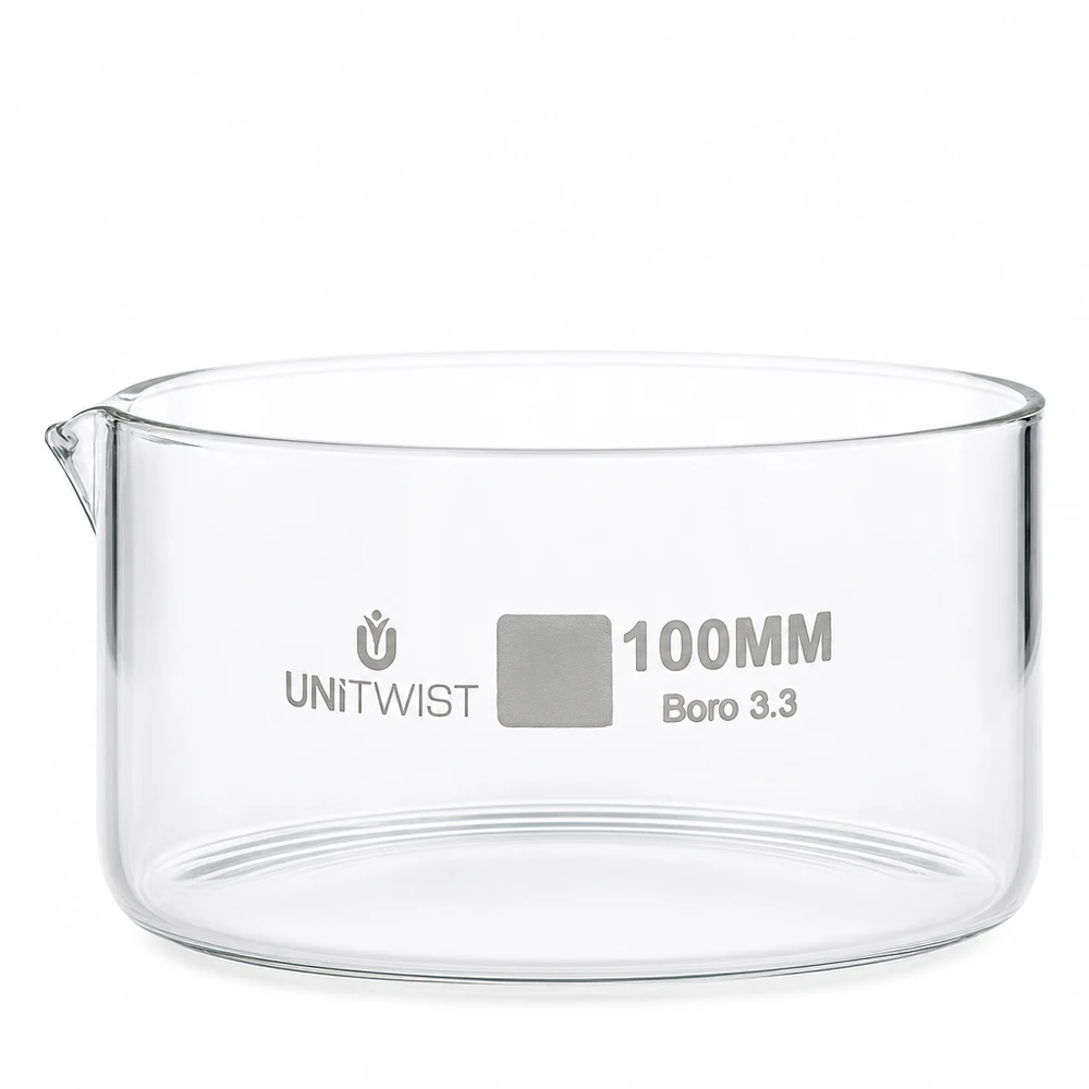 Krystalliseringsskål ø100mm borosilikatglas UNiTWIST Krystalliseringsskål 100 mm, borosilikatglas, UNiTWIST Boro 3.3, gennemsigtig, cylindrisk med udløb