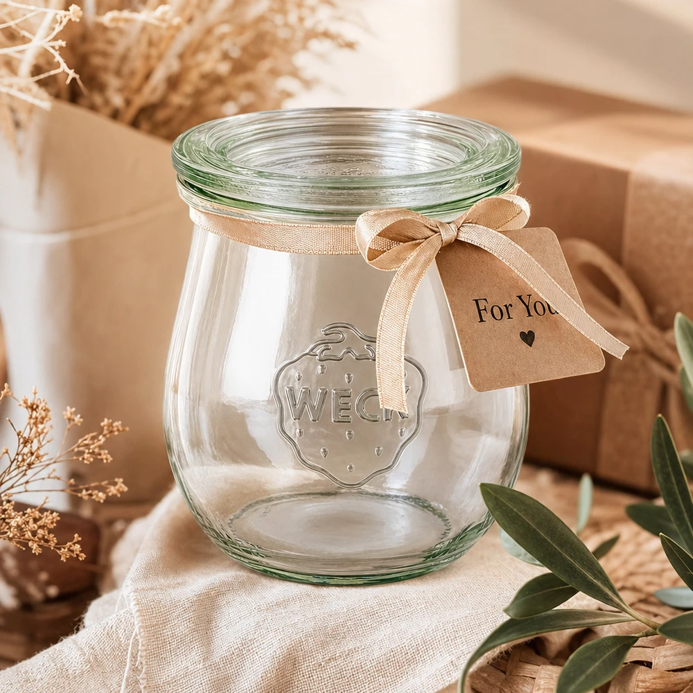220 ml tulpanglas med glaslåg WECK RR60 WECK tulipankrukke 220 ml RR60 som gave dekoreret med en beige sløjfe og For You-tag i en naturlig atmosfære
