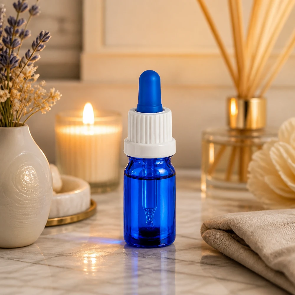 5 ml pipetteflaske hvid/blå OV BlueLine UT18/5 Elegant 5 ml pipetteflaske i koboltblå med hvid pipette til aromaterapi og kosmetik