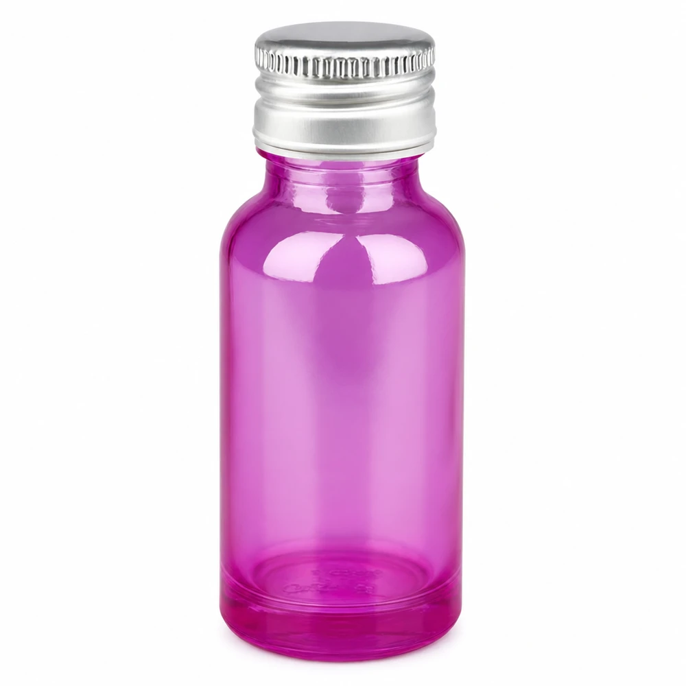 20 ml flaske 11 mm skruelåg aluminium-sølv standard PurpleLine.UT18/20 20 ml lilla glasflaske med sølvfarvet aluminiumshætte til kosmetik og æteriske olier