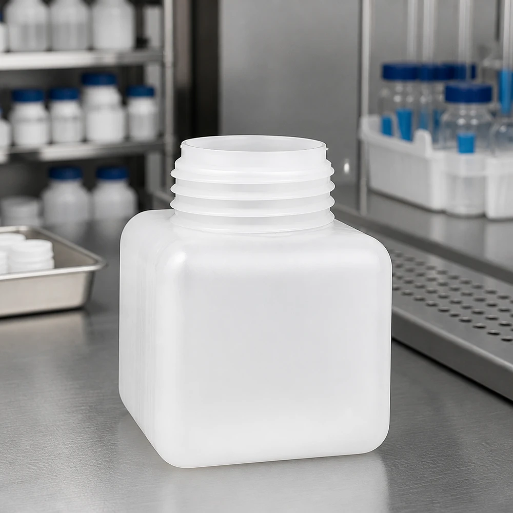 Kvadratisk flaske med bred hals, 500 ml, af naturfarvet PE-HD til laboratoriebrug på en overflade af rustfrit stål