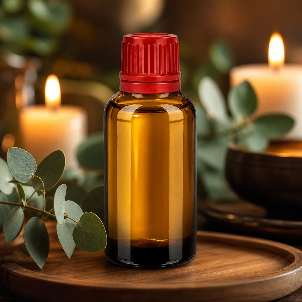 30 ml flaske 11 mm SV rød OV BrownLine UT18/30 Lille 30 ml glasflaske i brun med rødt låg, ideel til aromaterapi og kosmetik