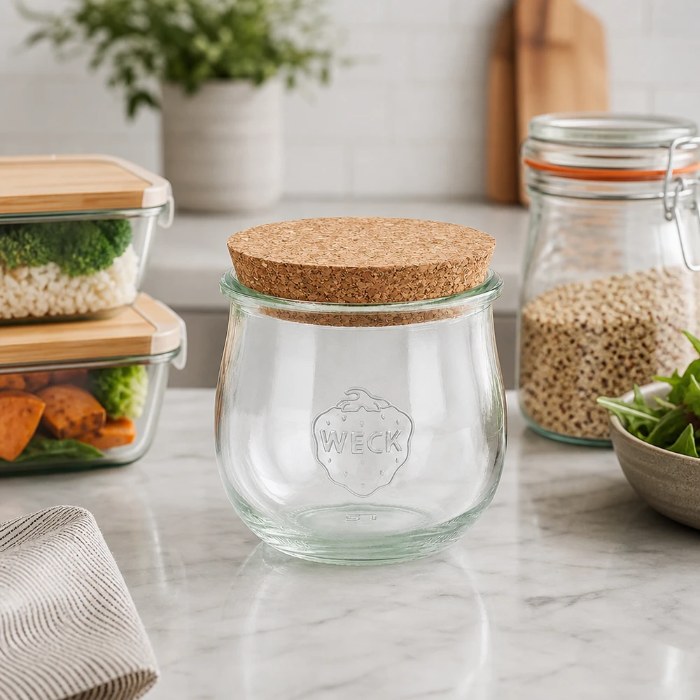 370 ml tulipankrukke WECK RR80 med kork natur WECK tulipankrukke 370 ml RR80 korklåg i et moderne køkken ved siden af opbevaringskrukker og måltidsbeholdere på marmor
