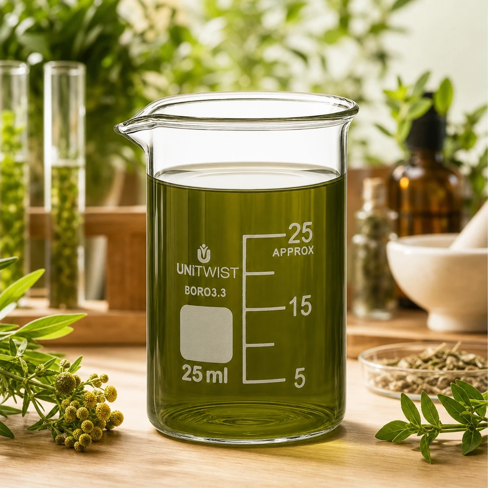 Bæger 25 ml borosilikat, lav skimmel UNiTWIST UNiTWIST 25 ml glasbeholder med grønt urteekstrakt omgivet af friske lægeplanter på en træunderlag