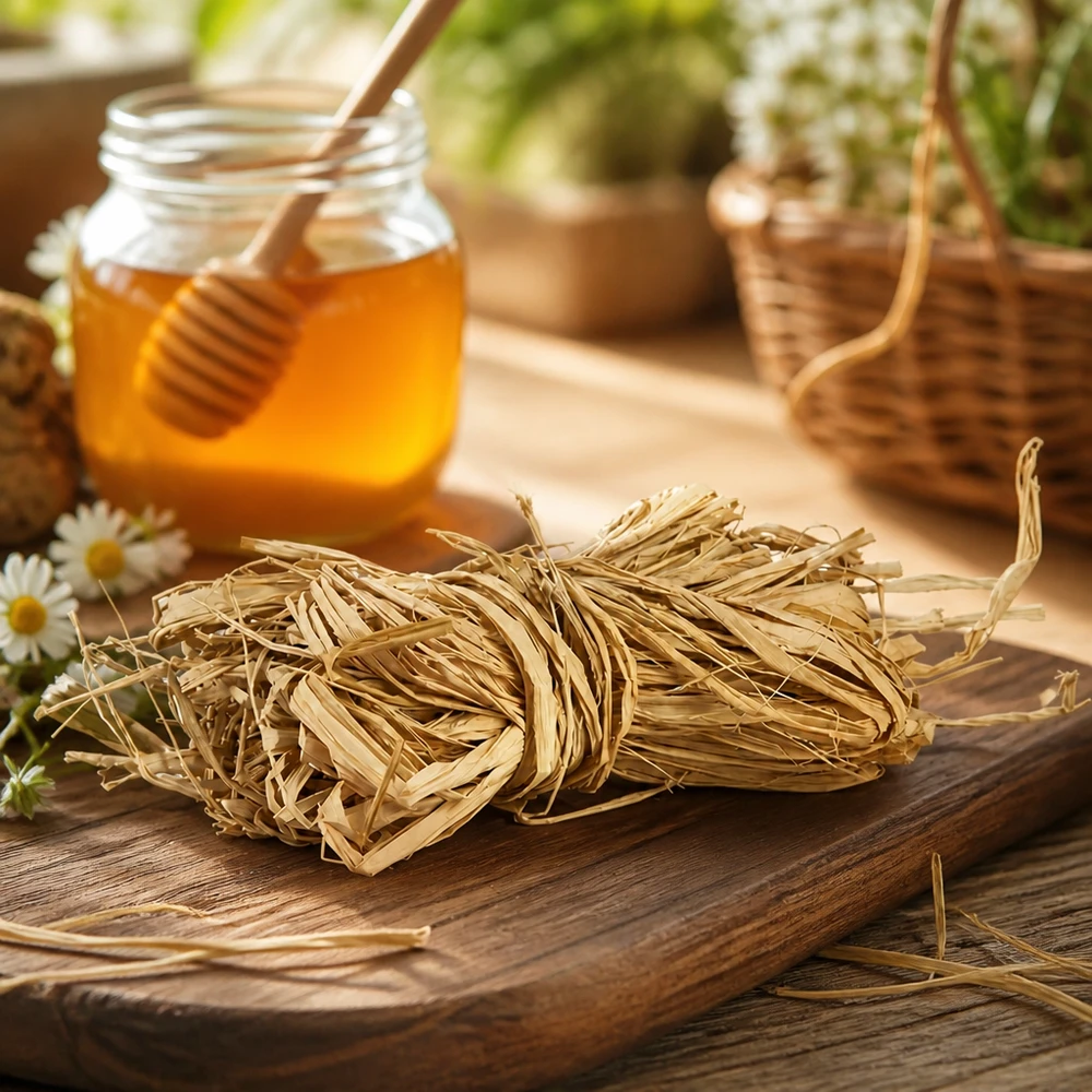 Naturbast til dekoration, 30 g Naturraffia 30 g på træplade med honning og blomster rustik dekoration til naturlige håndværksprojekter og gaveindpakning