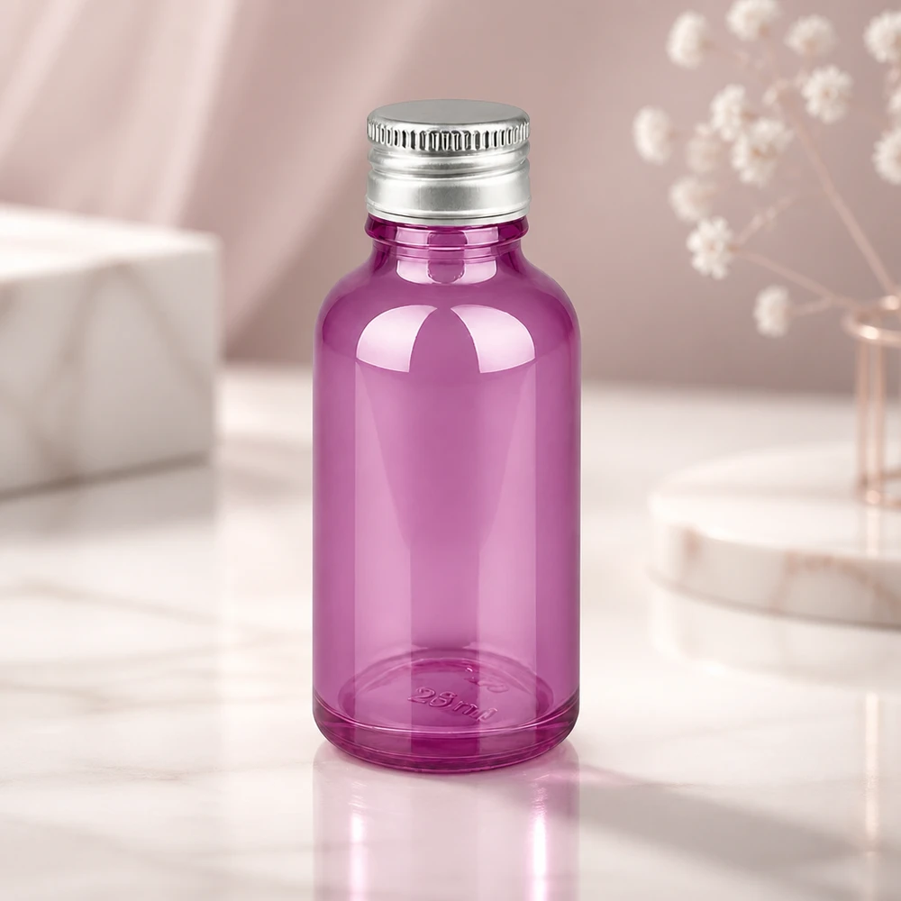 30 ml flaske 11 mm skruelåg aluminium-sølv standard PurpleLine.UT18/30 Gennemsigtig lilla glasflaske 30 ml med skinnende aluminiumshætte til aromaterapi