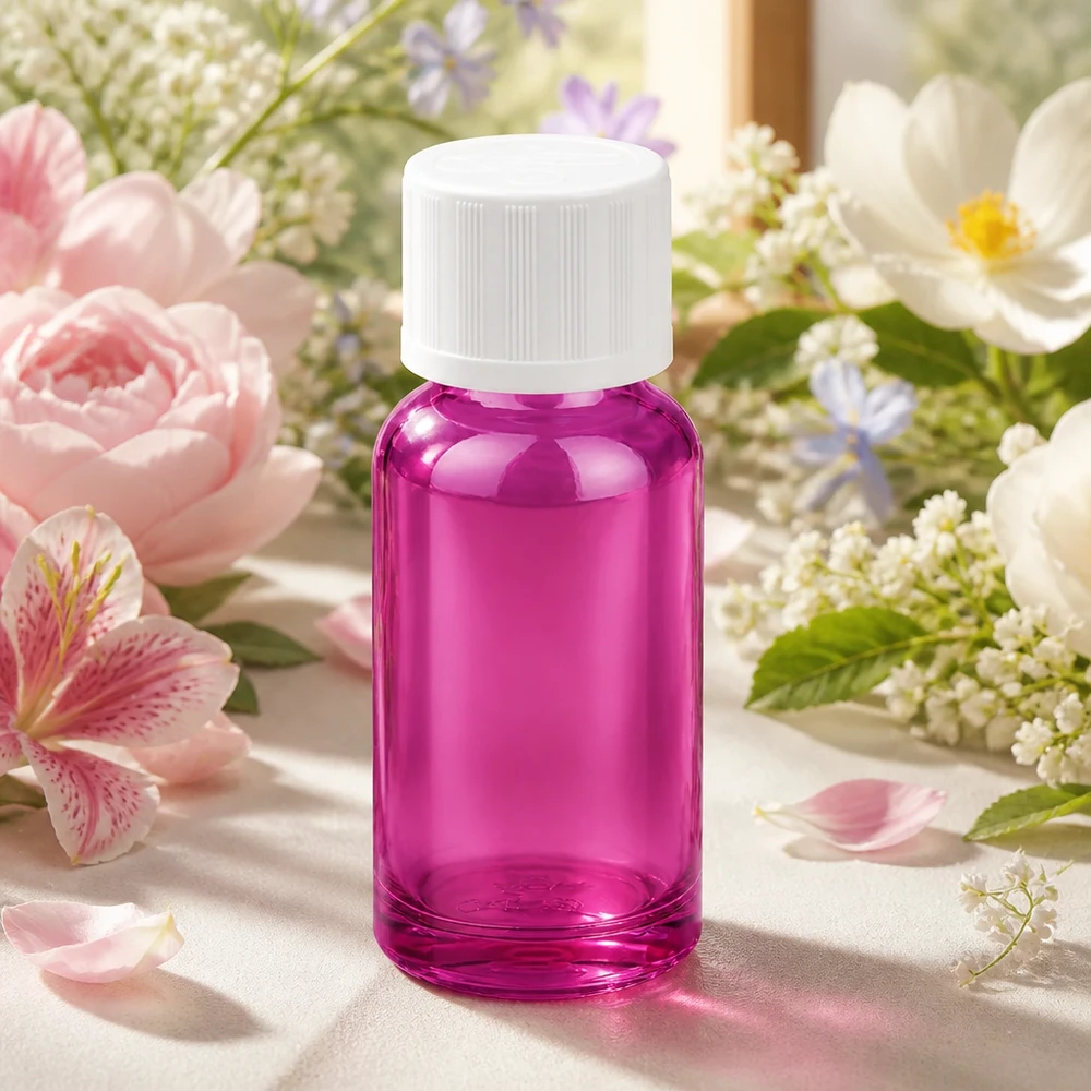 20 ml flaske 11 mm skruelåg hvid standard børnesikret PurpleLine UT18/20 Lille 20 ml glasflaske i elegant violet med hvid hætte til mobile applikationer
