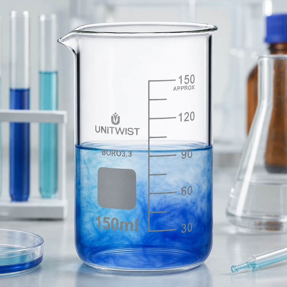 Bæger 150 ml borosilikat, høj form UNITWIST UNITWIST måleglas 150 ml, borosilikatglas, høj model med måleskala og blå væske i laboratoriet