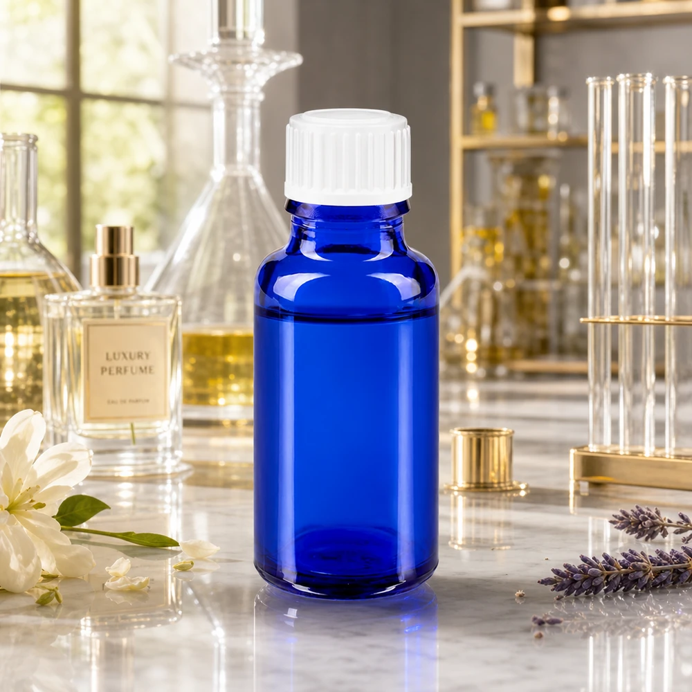 Koboltblå 20 ml glasflaske med hvid prop mellem lavendel- og jasminblomster