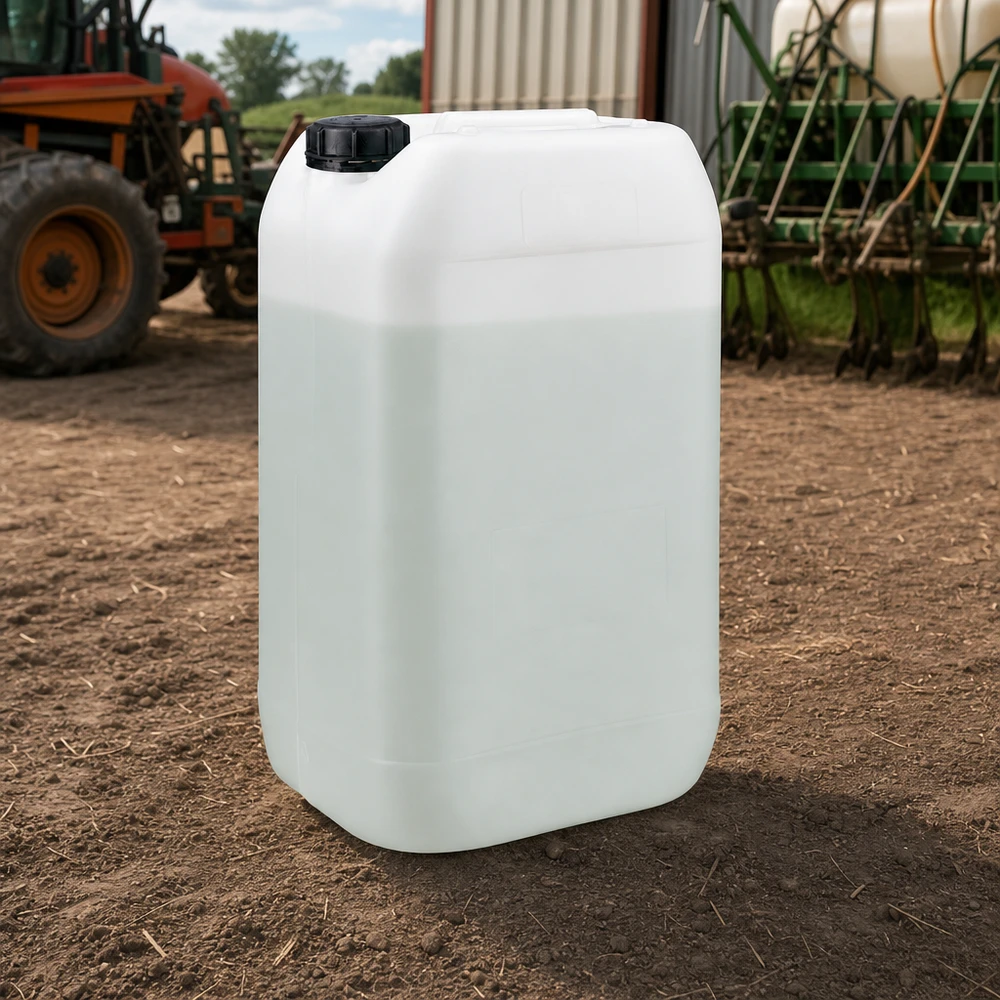 Landbrugskanister på 15 liter med originalitetslås på en mark foran en traktor