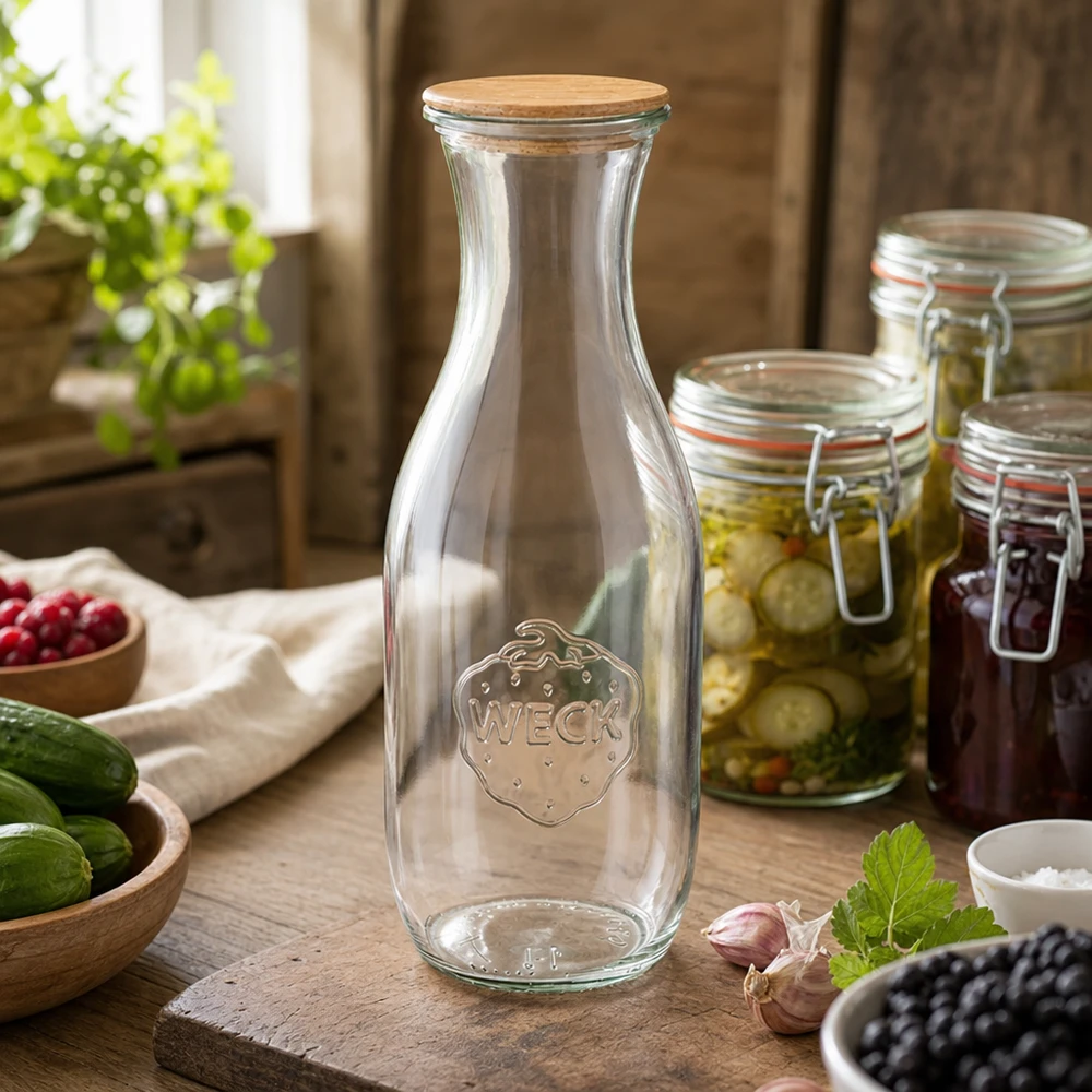 1062 ml juiceflaske WECK RR60 med trælåg WECK 1062 ml juiceflaske med trælåg i rustikt køkken med syltetøjsglas, grøntsager og naturlig dekoration