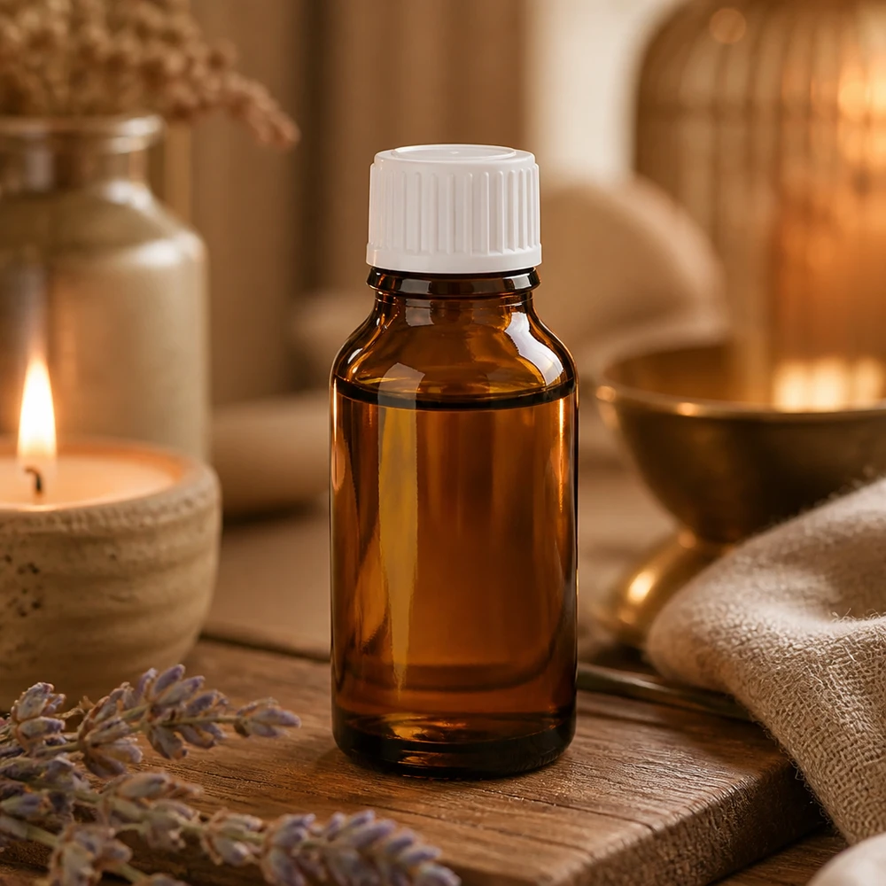 Ravfarvet 30 ml apotekerflaske med hvidt skruelåg på træbaggrund med lavendel