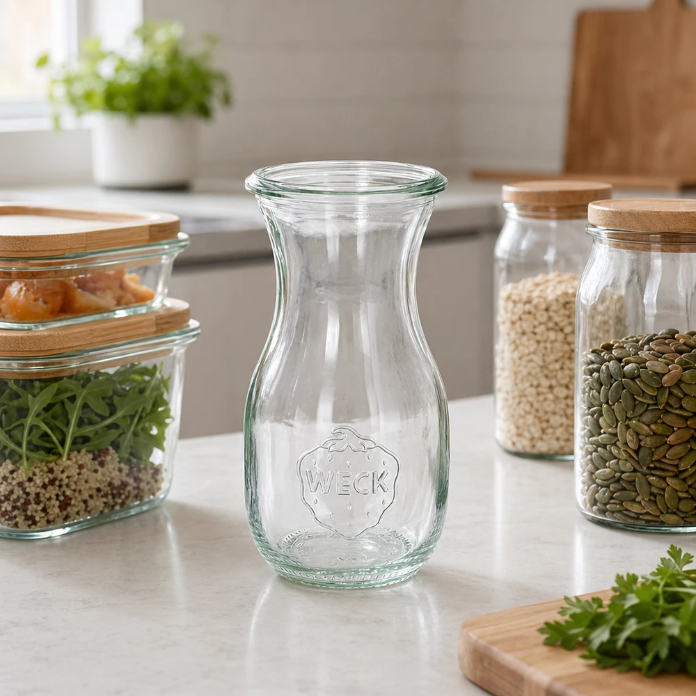 290 ml saftflaske WECK RR60 WECK juiceflaske 290ml RR60 tom i moderne køkken med opbevaringsglas og bæredygtig opbevaring