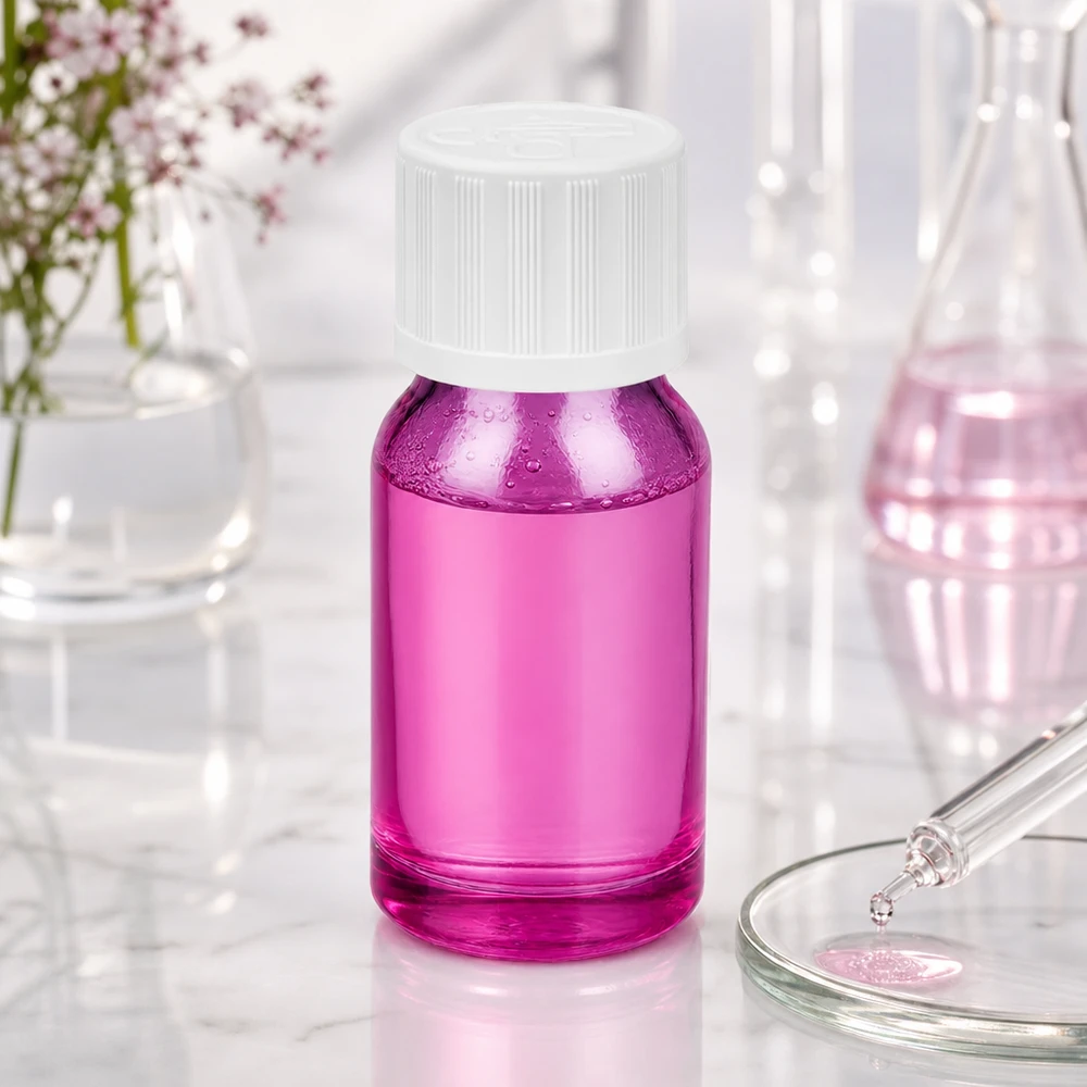 10 ml flaske 11 mm skruelåg hvid standard børnesikret PurpleLine UT18/10 10 ml glasflaske med STD KiSi-hætte i lilla til præcis dosering af serum og dråber
